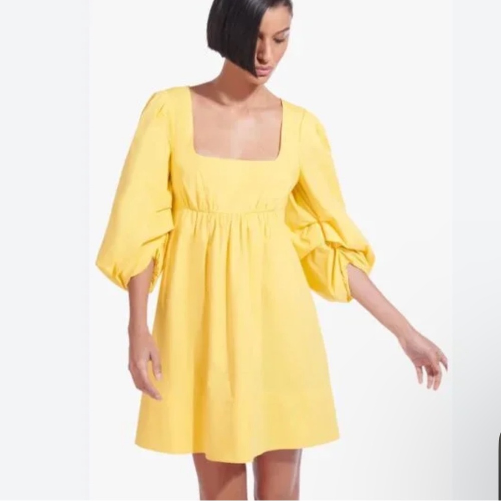 STAUD Lemon Yellow Square-Neck Puff Sleeve Mini Dress